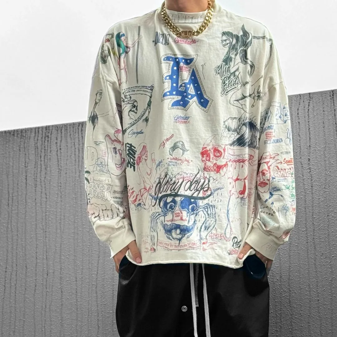 SAINT Mxxxxxx × BORNXRAISED BR_LS TEE/LA/WHT Latest co-branded model LA diamond all-over long sleeves off-white S-XL Super heavy work started in February and lasted three months Super complex 36 sets of screens Outlined pictures make you doubt your life Super perfect reproduction of printing Genuine Czech diamonds Pressure-free reproduction